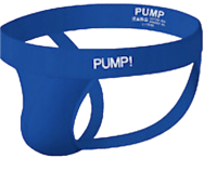 a blue thong with the word pump on it