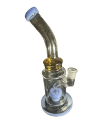 a clear glass pipe with a blue handle