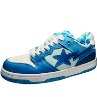 a pair of blue and white sneakers with a star on them