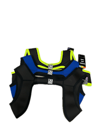 a black, blue and yellow chest protector