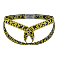 a black and yellow thong with the word'lockman'on it