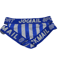 a blue and white brief with the word jocmail on it