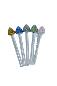 a set of colored glass bud sticks in a plastic container