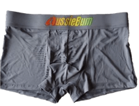 a grey boxer brief with a colorful logo on it