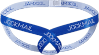 a blue and white wristband with the word'jockmail'on it