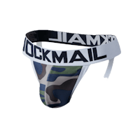 a camouflage thong with the word'lockmail'on it