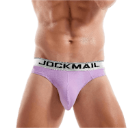 a man wearing a jockmail brief in lavender