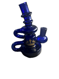 a blue glass pipe with a crown on it