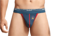 a man wearing a blue and red thong