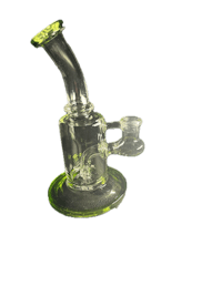 a clear glass pipe with a green handle