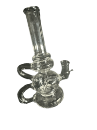 a clear glass pipe with a handle on it