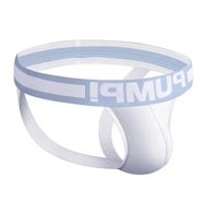 a white and blue thong with the word pump on it