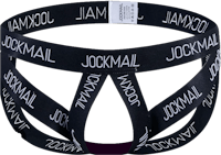 a black and white jockmail thong with the word jockmail on it