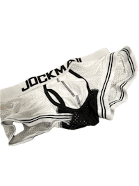 a white and black boxer with the word jockman on it