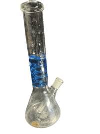 a glass bong with a blue liquid inside