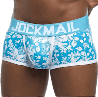 a man wearing a blue and white boxer brief with the word jockmail on it