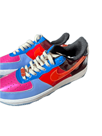 a pair of nike air force low sneakers with colorful accents