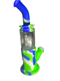 a blue and green glass pipe on a black background