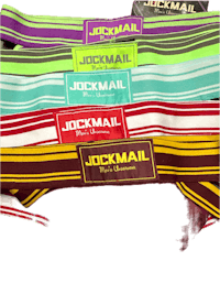 a set of colorful striped collars with the word jockmail on them