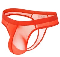 a men's orange thong with a mesh waistband