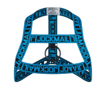 a blue dog harness with the word lockmail on it