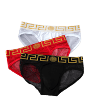 three pairs of briefs with greek designs on them